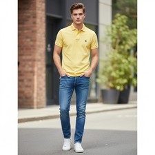 Mens sz S Polo Ralph Lauren Mesh Polo Shirt SLIM FIT yellow pony Blue logo Pique