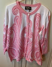 Bob Mackie Wearable Art Cardigan Sz XL 3/4 Sleeve Buttons Sweater Pink  White