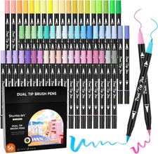 Pastel Brush Pens, 56 Pastel Colouring Pens, Dual Tip Brush Markers with Finelin