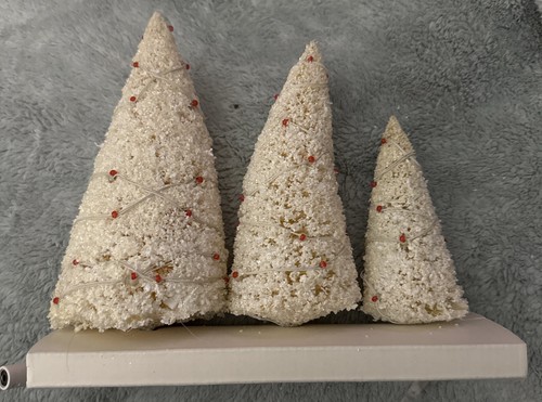 Dept. 56 Villages Twinkling Lighted Trees WHITE With Red Lights Set Of 3 NEW