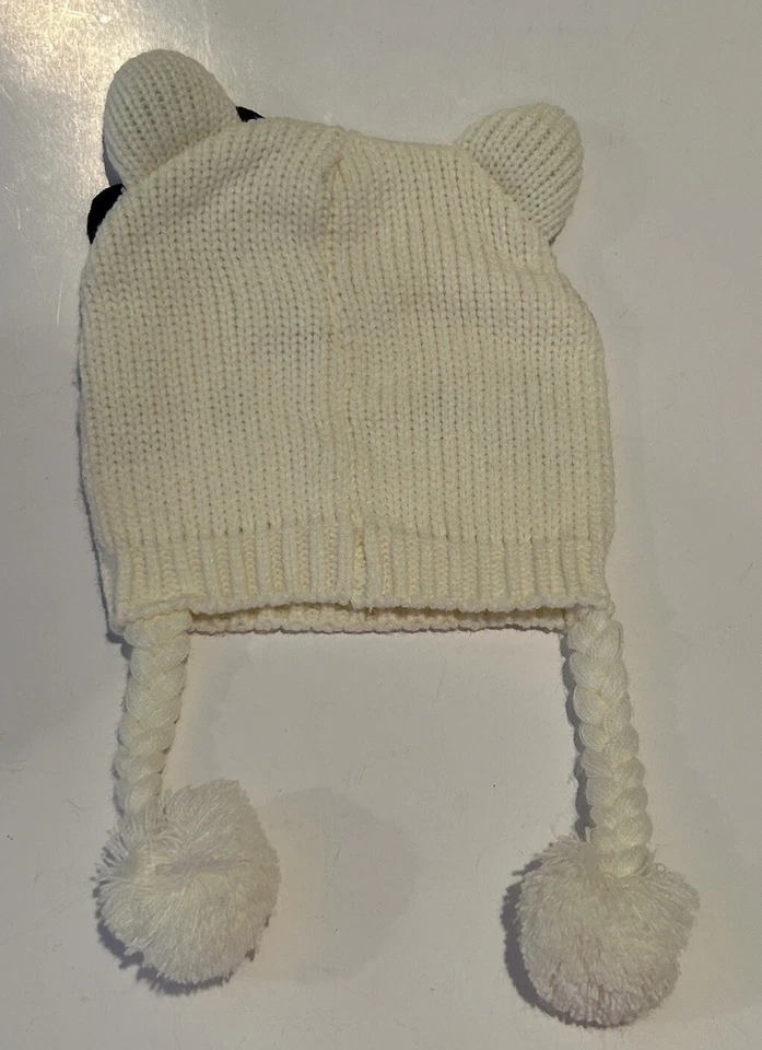 Gorra gorro tejido con cable lazo blanco rosa Hello Kitty niñas talla 4-14 con pompones colgantes Foto 3 de 4