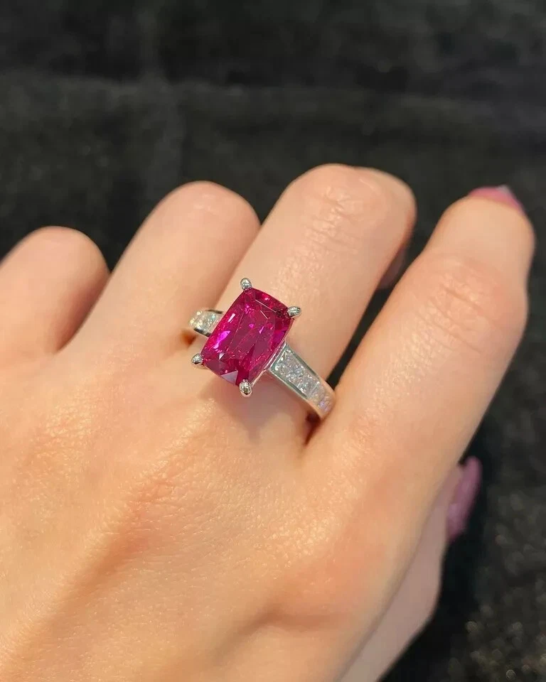 Обручальное кольцо с натуральным красным рубином и бриллиантом огранки подушка 950 платина 5,35 карата размер 7 8 - Изображение 4 из 4