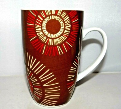 DUNNES HOME Brown Red White Abstract Snowflake 12oz. Coffee Mug Tea Cup Ceramic