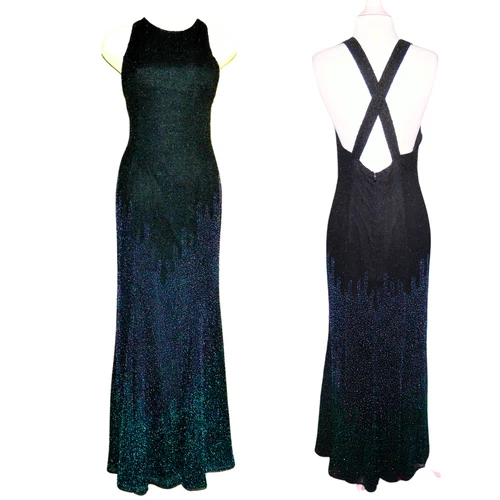 Cassandra Stone Fully Beaded Black Blue Ombre Silk Evening Gown - Size 2
