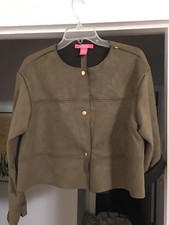Catherine Malandrino Jacket M Army Green Faux Suede Snap Up Detailed Stitching