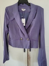 NWT Jason Wu Women's Linen blend doubt breast croped blue purple Blazer S 310