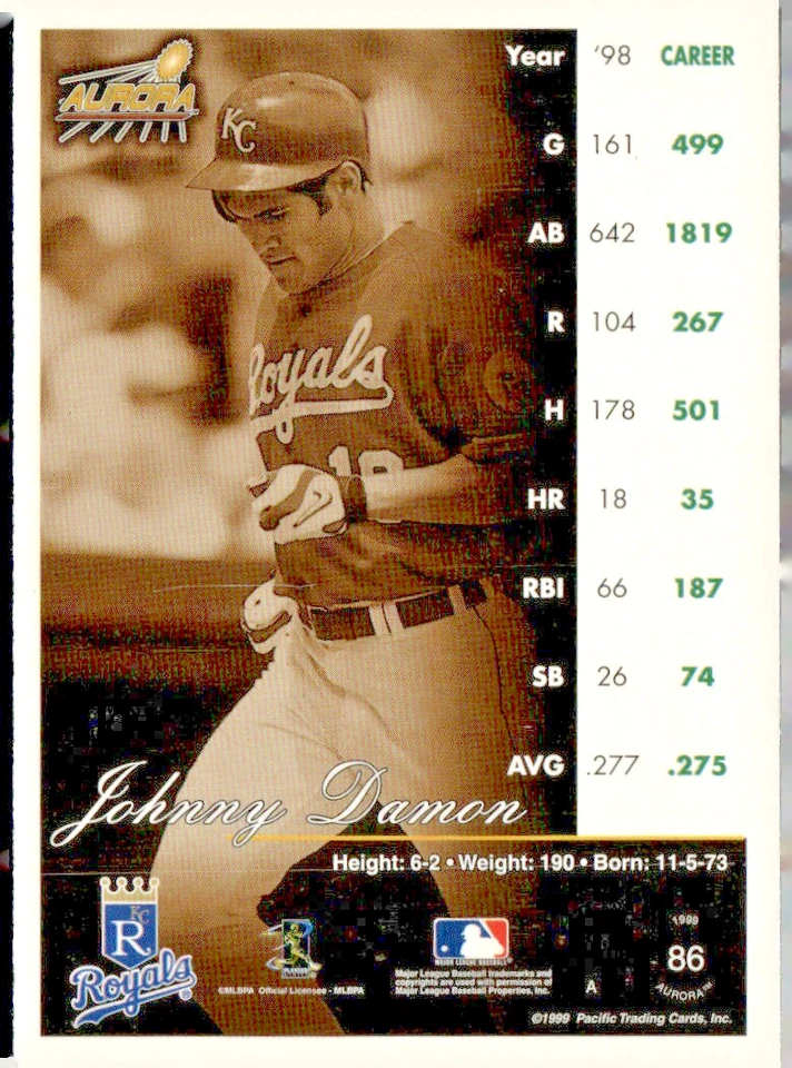 Pacific Aurora 1999 día de apertura paralelo en blanco serie #86 Johnny Damon 1/1 Foto 2 de 2