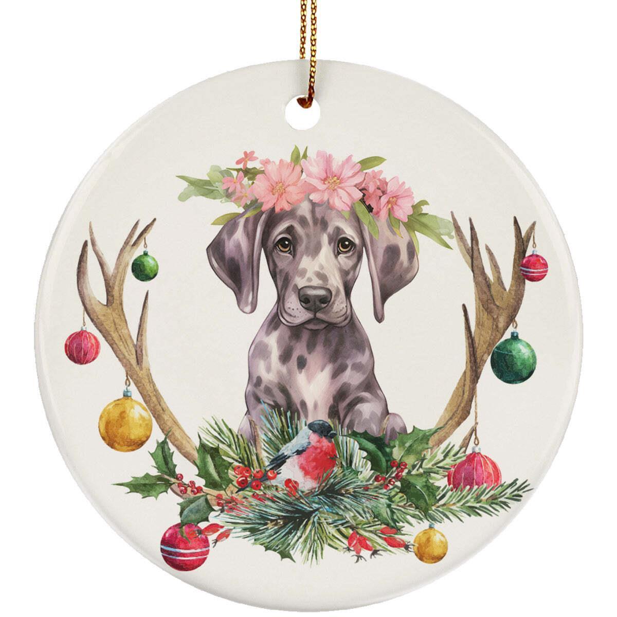 Great Dane Puppy Dog Deer Anlters Christmas 2024 Ornament Ceramic Gift Decor