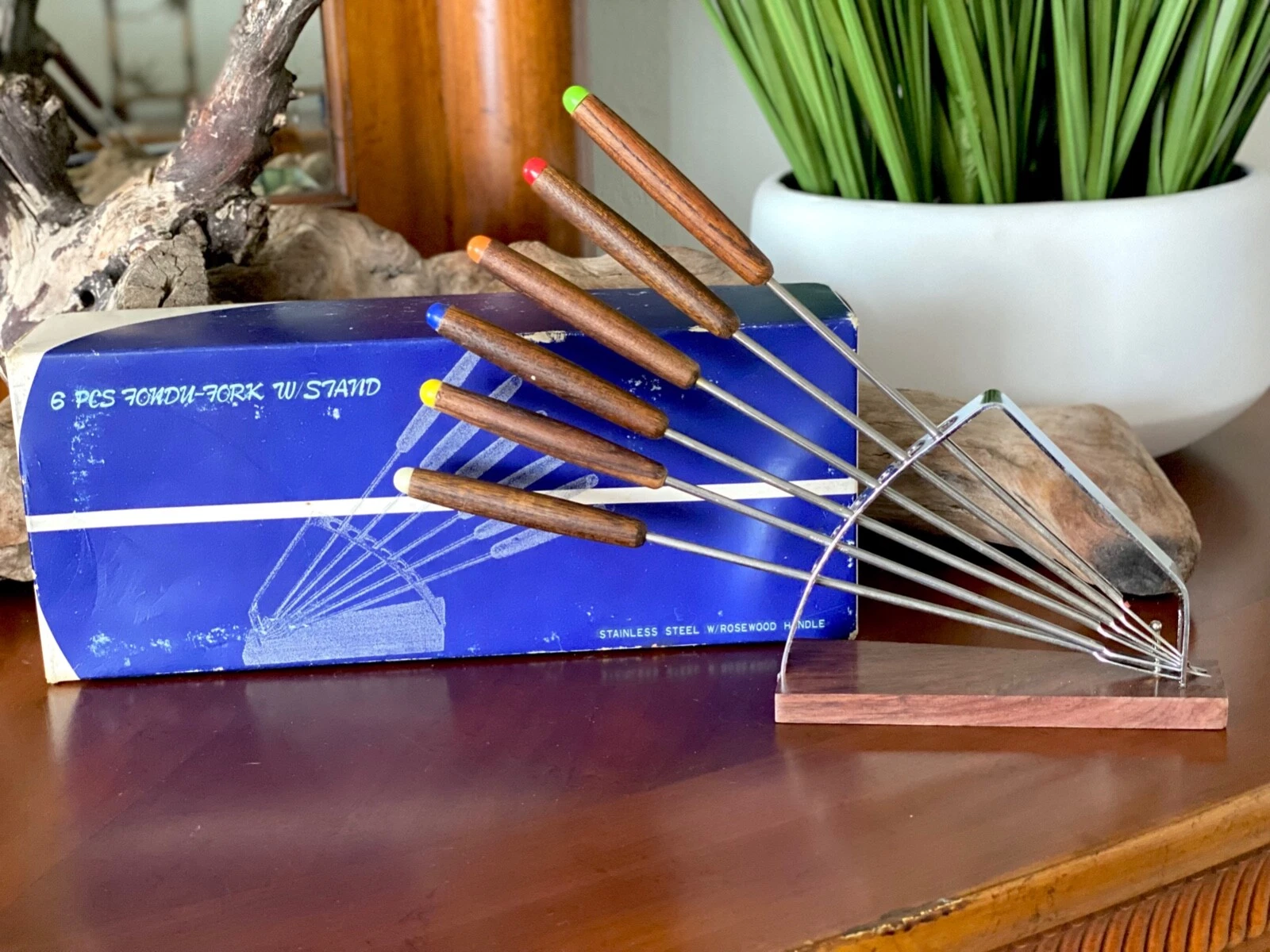 Fondu Fork Set with Box, Vintage Rosewood and Stainless Steel Fondue Fork Set