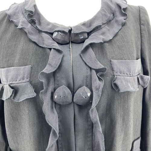 Rebecca Taylor Silk Linen Ruffle Blazer Jacket Womens 8 Black 3/4 Sleeves Button - Picture 2 of 11