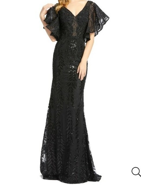 Mac Duggal Black Sequin Flutter Sleeve 