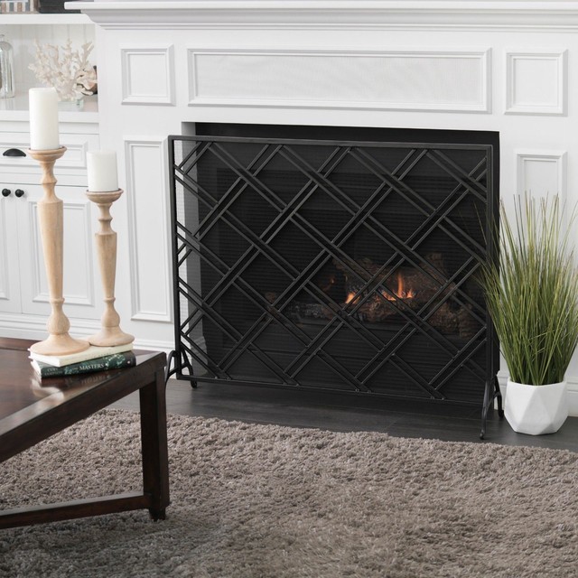 Jalama Modern Diamond Pattern Single Panel Iron Fireplace Screen