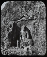 ANTIQUE Magic Lantern Slide STATUE OF JIZO NEAR HAKONE LAKE C1890 PHOTO JAPAN