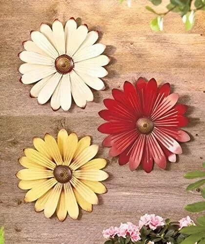 Set of 3 Cream Red Yellow Metal Flower Wall Art Garden Whimsical Spring - Picture 10 of 10