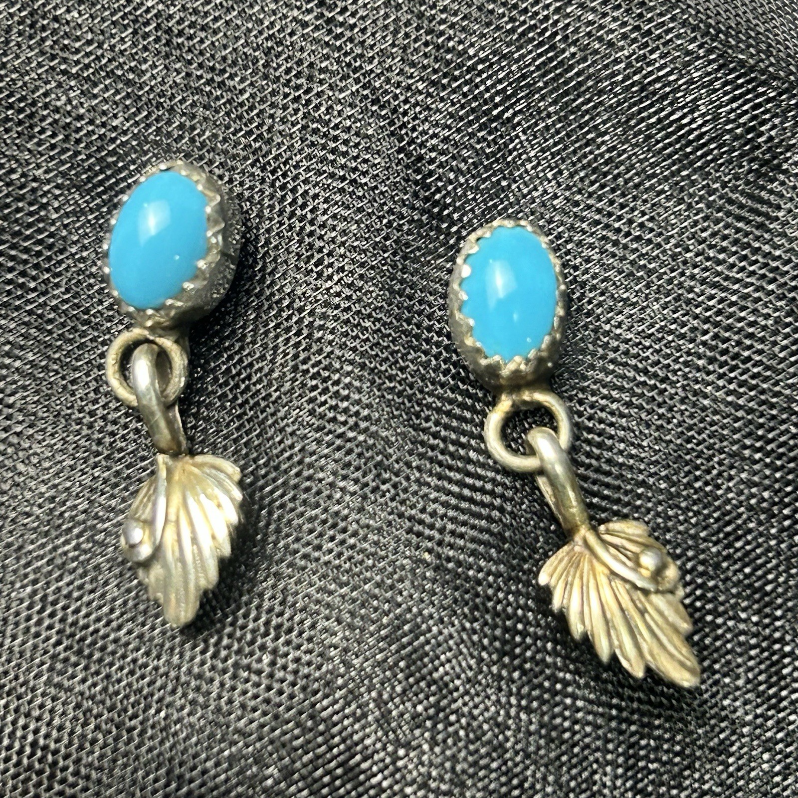 Turquoise Cabochon Leaf Dangle Post Earrings Mark… - image 3