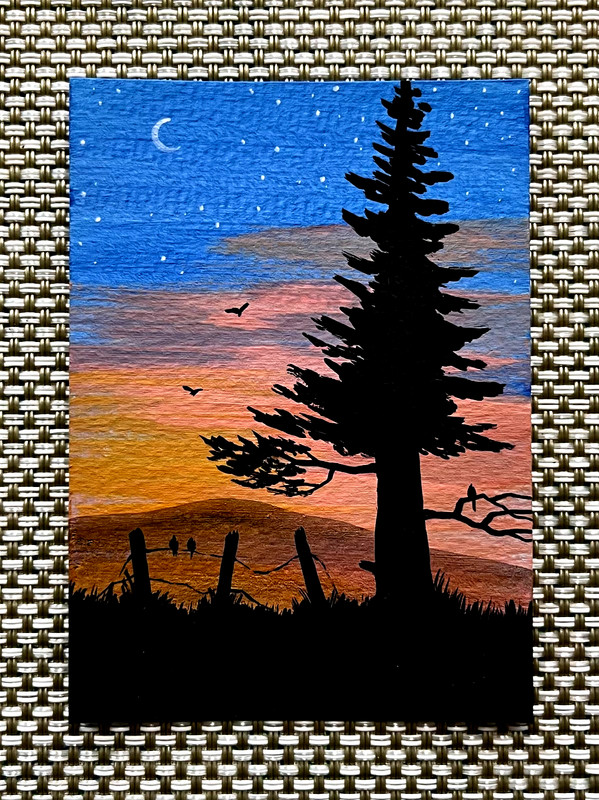 ACEO Original Art Pine Tree Fence Moon Silhouette Acrylics 2.5x3.5 Inches