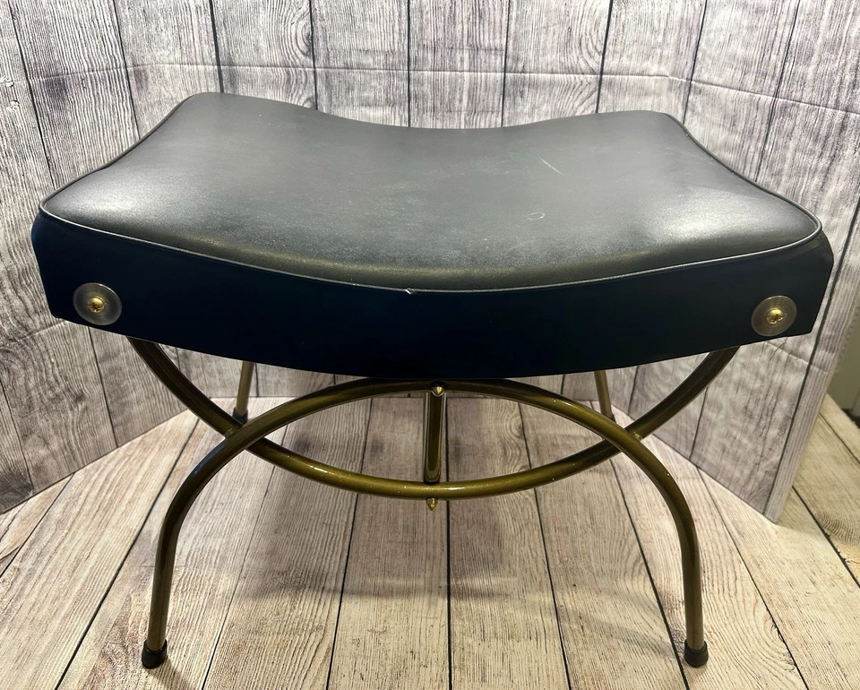 Vintage Hollywood Regency MCM Vanity Brass Bench Black Faux Leather Cushion Rare - Image 2 of 4