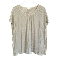 J. Jill PureJill Cream & Gray Striped Linen Blend Shirt Side Ruffles Size Medium