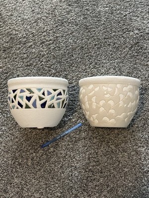 Set of 2 Ceramic Planters 6.7  Mosaic & Embossed Flower Pot Fish Bowl Style