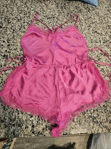 Victoria's Secret Hot Pink Lace Trim Sleep Satin Sexy Romper S Small