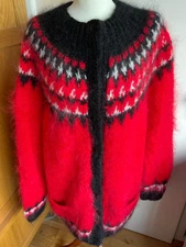 Hand knitted mohair thick fluffy red Icelandic long cardigan jacket  XXL