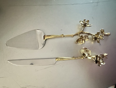 2-Piece Floral Handle Metal Serving Set, Server & Knife, Gold/Silver Tone