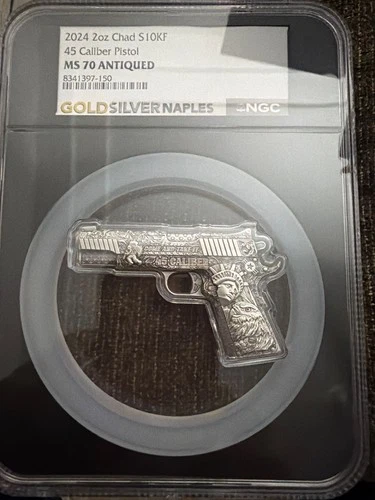 2024 2 oz chad S10KF 45 caliber pistol MS70 antiqued NGC
