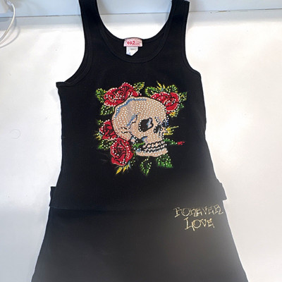 Y2K Ed Hardy Inspired long tank top/dress black ribbed rhinestone skull