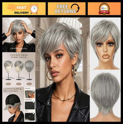 Silver Gray Pixie Wig - 100% Real Human Hair, Short Layered Cut with Bangs, Glue