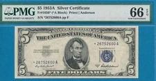 $5.00  1953-A STAR SILVER  CERTIFICATE BLUE SEAL  PMG  GEM NEW  66EPQ