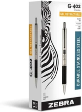 Zebra Pen G-402 Gel Pens 12-Pack, Black Ink, 0.5mm Fine Point, Stainless Steel