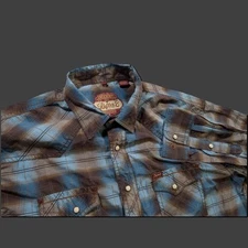Rafter C XL Pearl Snap Shirt Blue Brown Plaid Western Style Long Sleeve