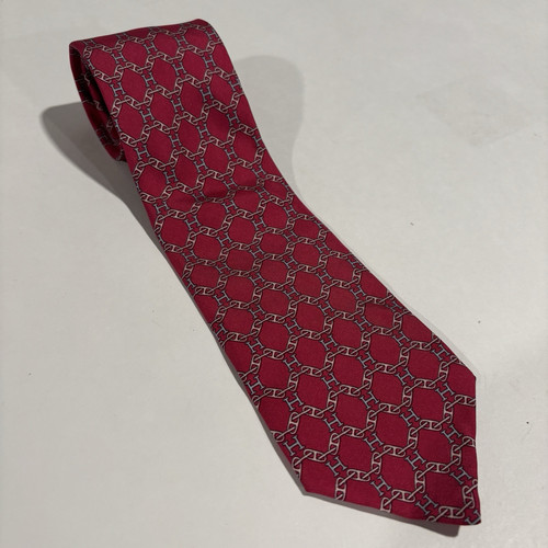 Hermes Silk Tie Men's Chain Link Geometric Pattern Luxury Necktie Red 7000