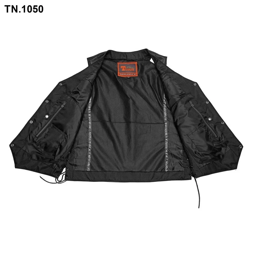 Black Leather Vest Motorcycle Biker Side Lace Up Concealed Carry Pocket Club - product detail image 4
