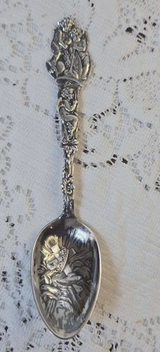 Antique Sterling Silver Spoon R. Wallace Cherubs Angel Horn w/ Cross & Crown
