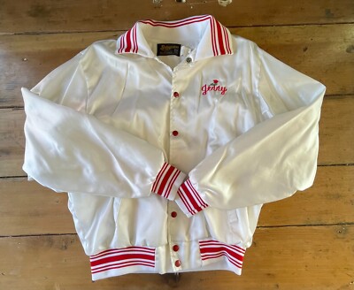 Vintage Swingster White Satin Bomber Jacket Embroidered Size L