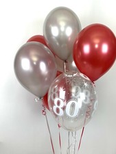 30 Red, Silver and 80th Aged Range Pearlised Latex Balloons with Curling Ribbon