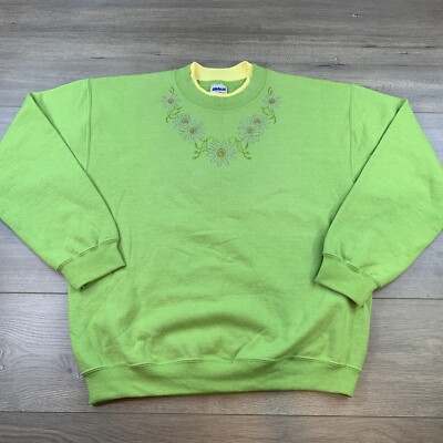90's Spring Flower Crew Neck Sweatshirt Sweater Women's Medium Green Gildan