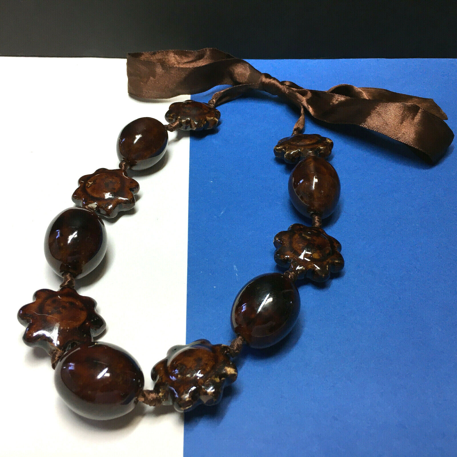 HUGE Chunky Heavy Brown Ceramic Statement NECKLAC… - image 2