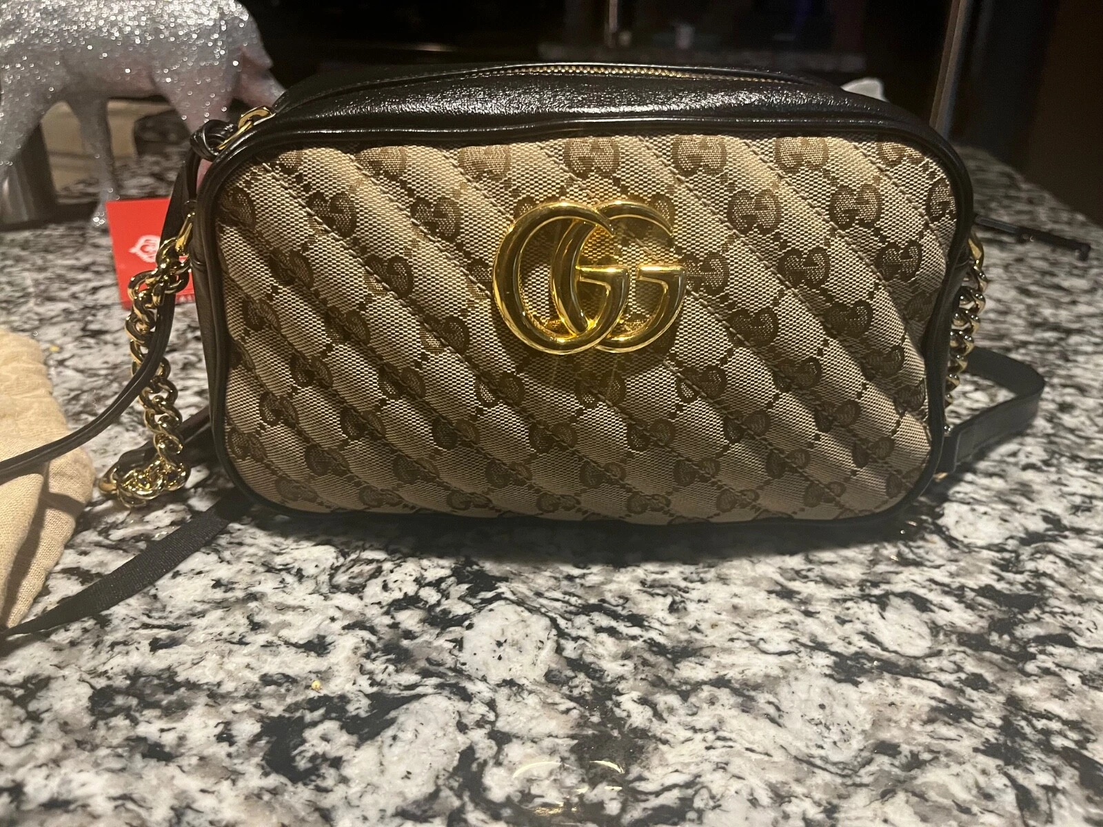 Petit sac à bandoulière Gucci GG Marmont GG/matelasse beige/toile ébène