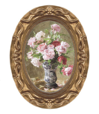 1800's Still Life Floral Flowers Pink Roses Miniature Dollhouse Art Picture 8338