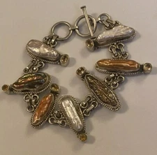 Sterling Silver Bezeled Baroque Biwa Pearls and Citrine Gem Stone Panel Bracelet