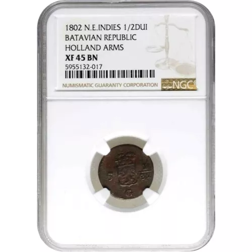 1802 Netherlands East Indies 1/2 Duit, NGC EF 45, Batavian Republic