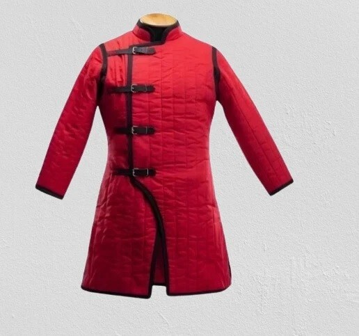 Gambeson Coat Red Medieva Cotton Padded Jacket with Black Border Trim Armor