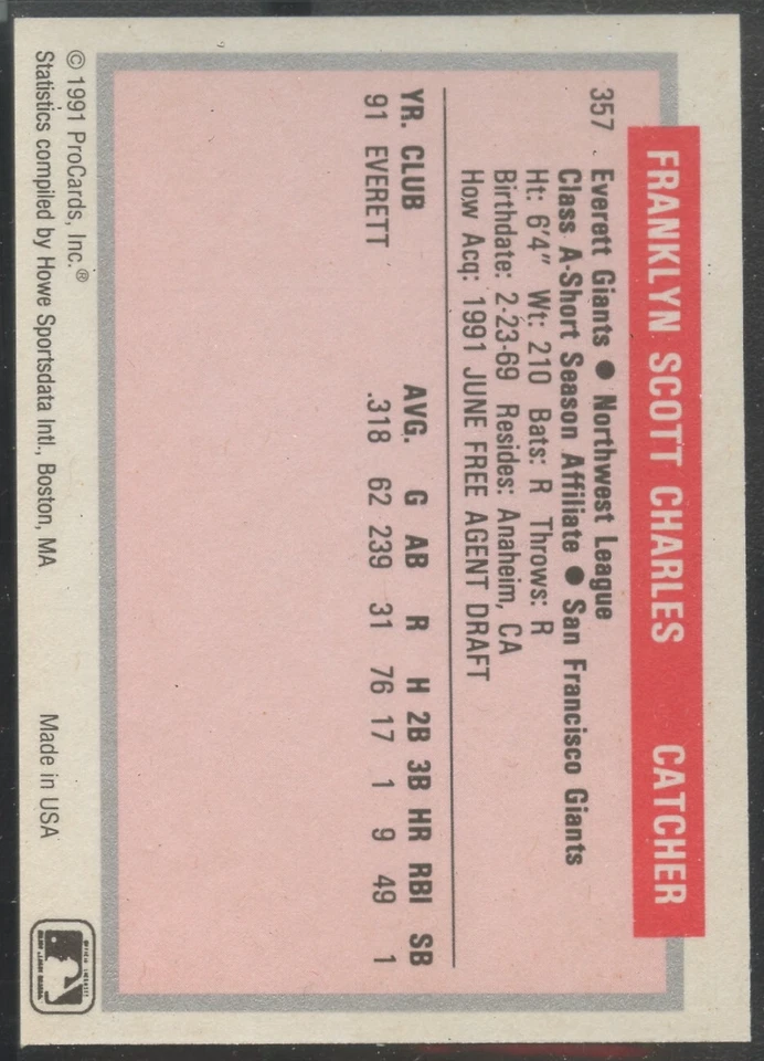 1991 ProCards Minor League #357 Frank Charles Everett Giants - Image 2 of 2