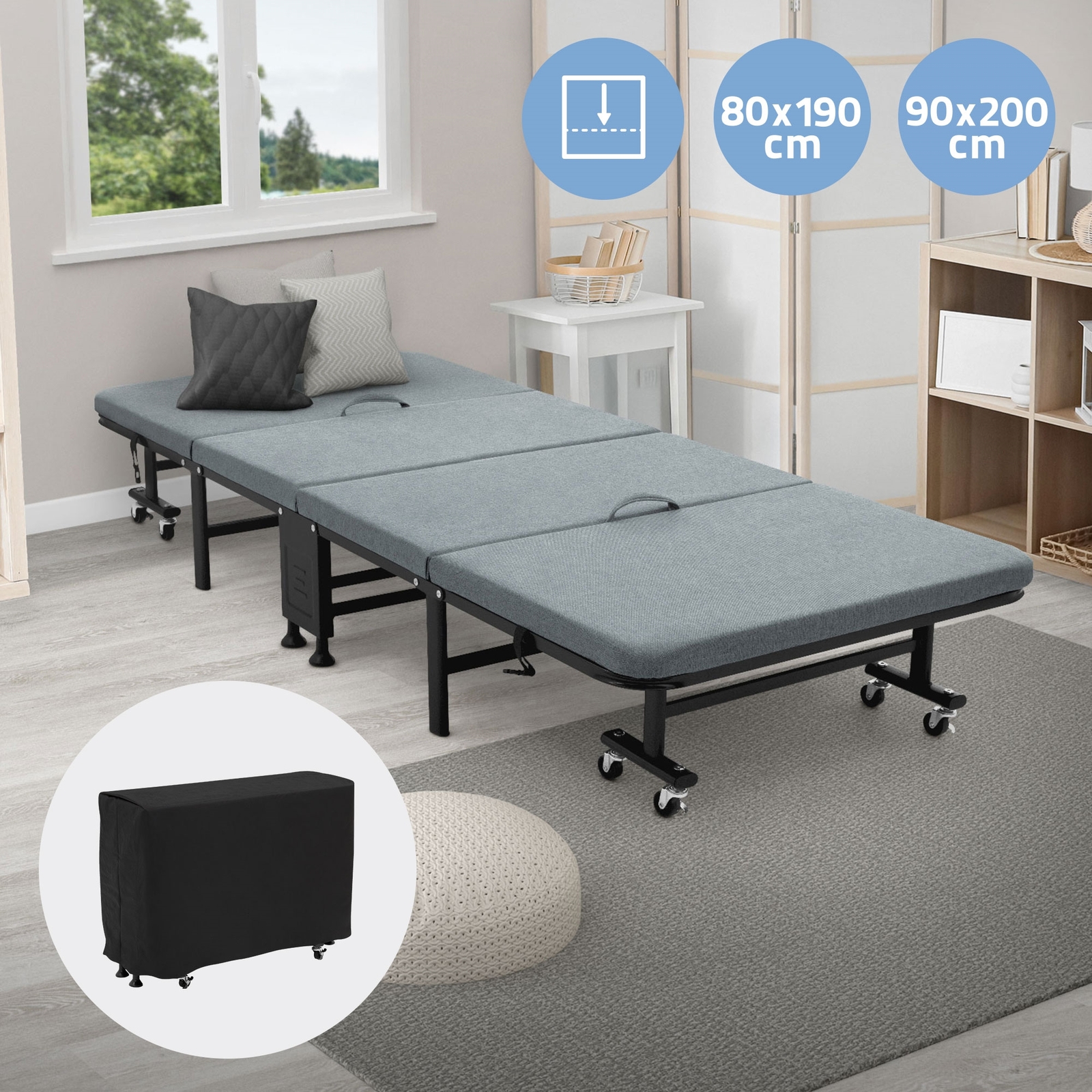 Cama plegable para invitados individual con colchón, armazón metálico 8 ruedas
