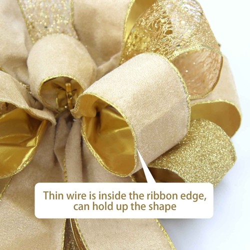 Christmas Tree Topper Bow 43x13 Inch Glitter Satin Mesh Wired Edge Large - Picture 2 of 7