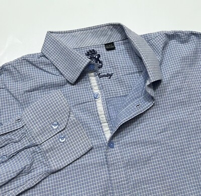 slim fit dress slacks Perry Ellis Outlet Men's Slim Fit Stretch Plaid Dress Shirt in Blue, Size 16.0, Cotton/Polyester