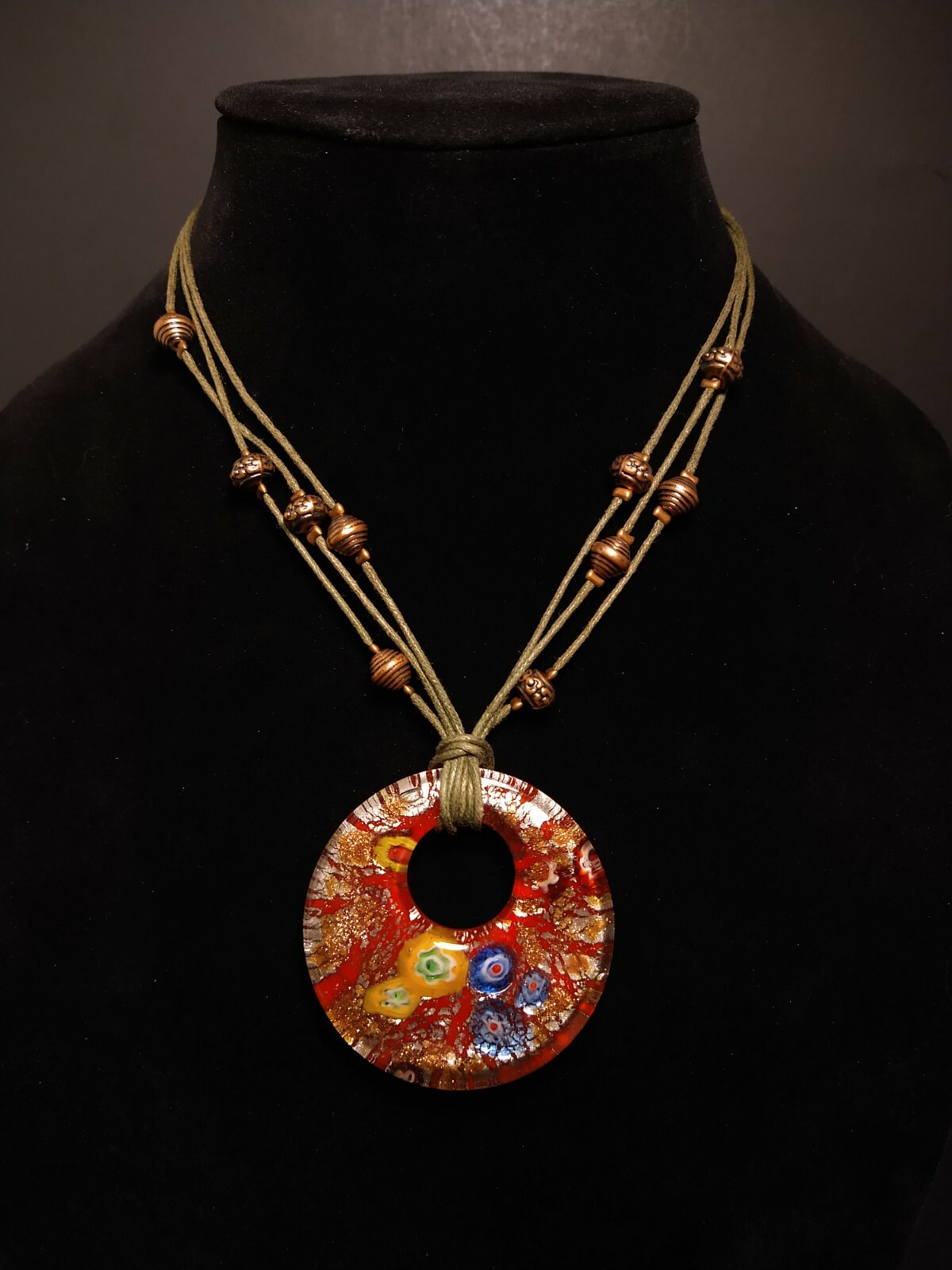 Antique Brass Murano Glass Bead Necklace 20 Inches Gem