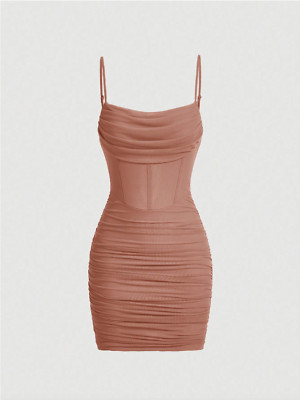 Dusty Pink MOD Ruched Mesh Cami Bodycon Dress Sz XS S M L